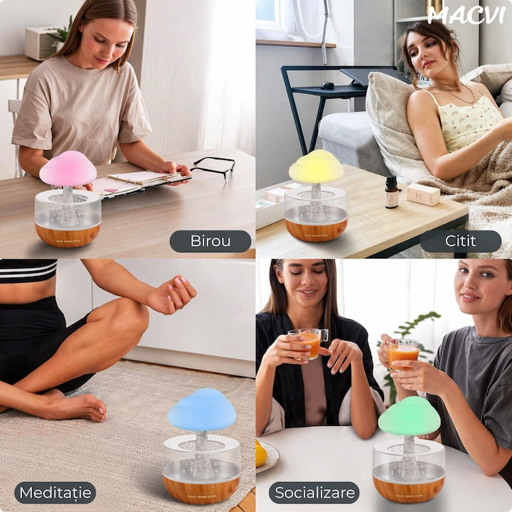 Umidificator si Difuzor Aromaterapie Macvi® Nor de Ploaie, 7 Culori LED, Sunet Relaxant, USB, 400 ml