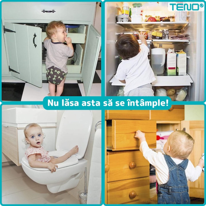 Set 7 x Siguranta Usi Copii Teno®, sistem de blocare usi/sertare/duapuri, ajustabile pe lungime, adeziv puternic, anti-deschidere accidentala, transparent