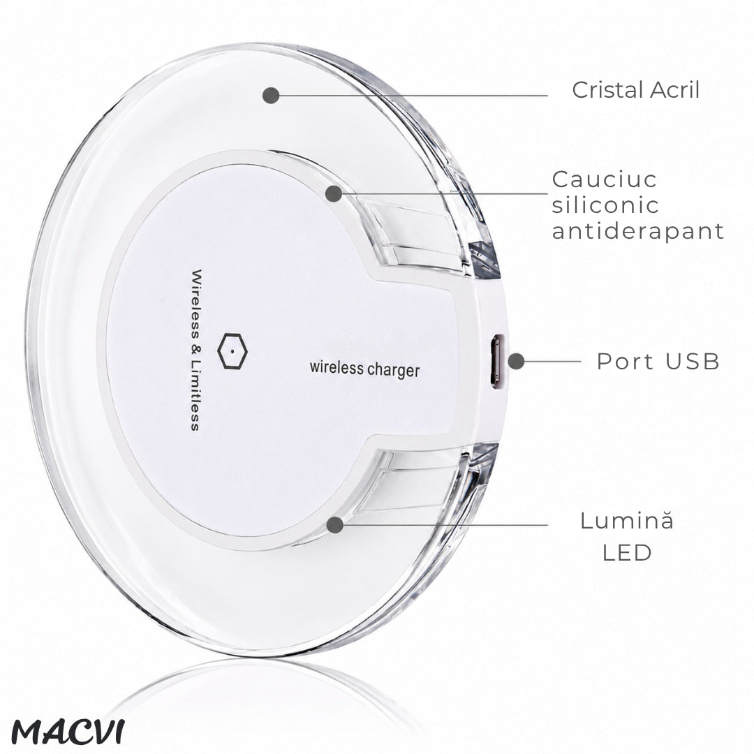 Incarcator wireless MACVI® wireless alb cablu microusb inclus, universal