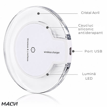Incarcator wireless MACVI® wireless alb cablu microusb inclus, universal