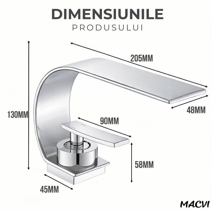 Robinet baie Macvi® tip cascada din alama inaltime 13 cm conexiune 3/8 montaj chiuveta design modern, argintiu