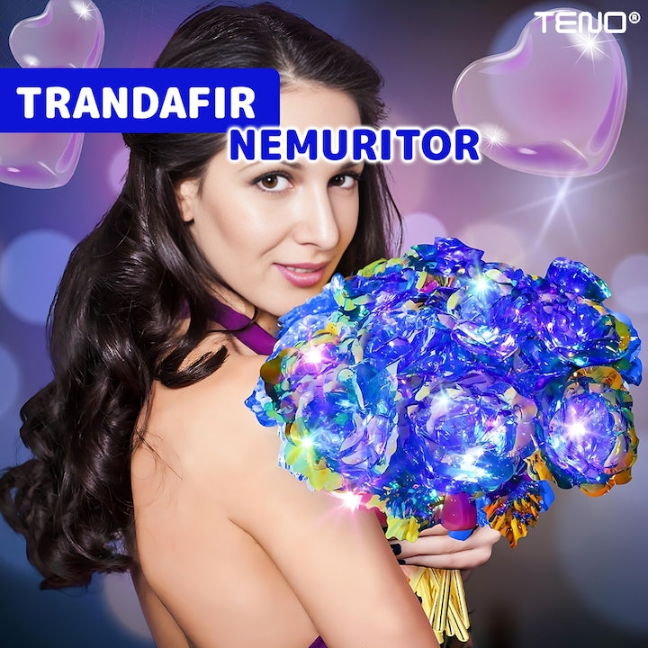 Trandafir Artizanal Teno®, efect de cristal, aspect auriu, luminite LED cu baterii, rezistent, nemuritor, design realist, 22 x 13 cm, albastru