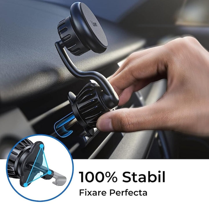 Suport auto magnetic Macvi®, rotire 360°, prindere ventilatie, magneti N52, compatibil telefon, tableta, ABS premium, aluminiu, negru 6.5x4.9x3.6 cm