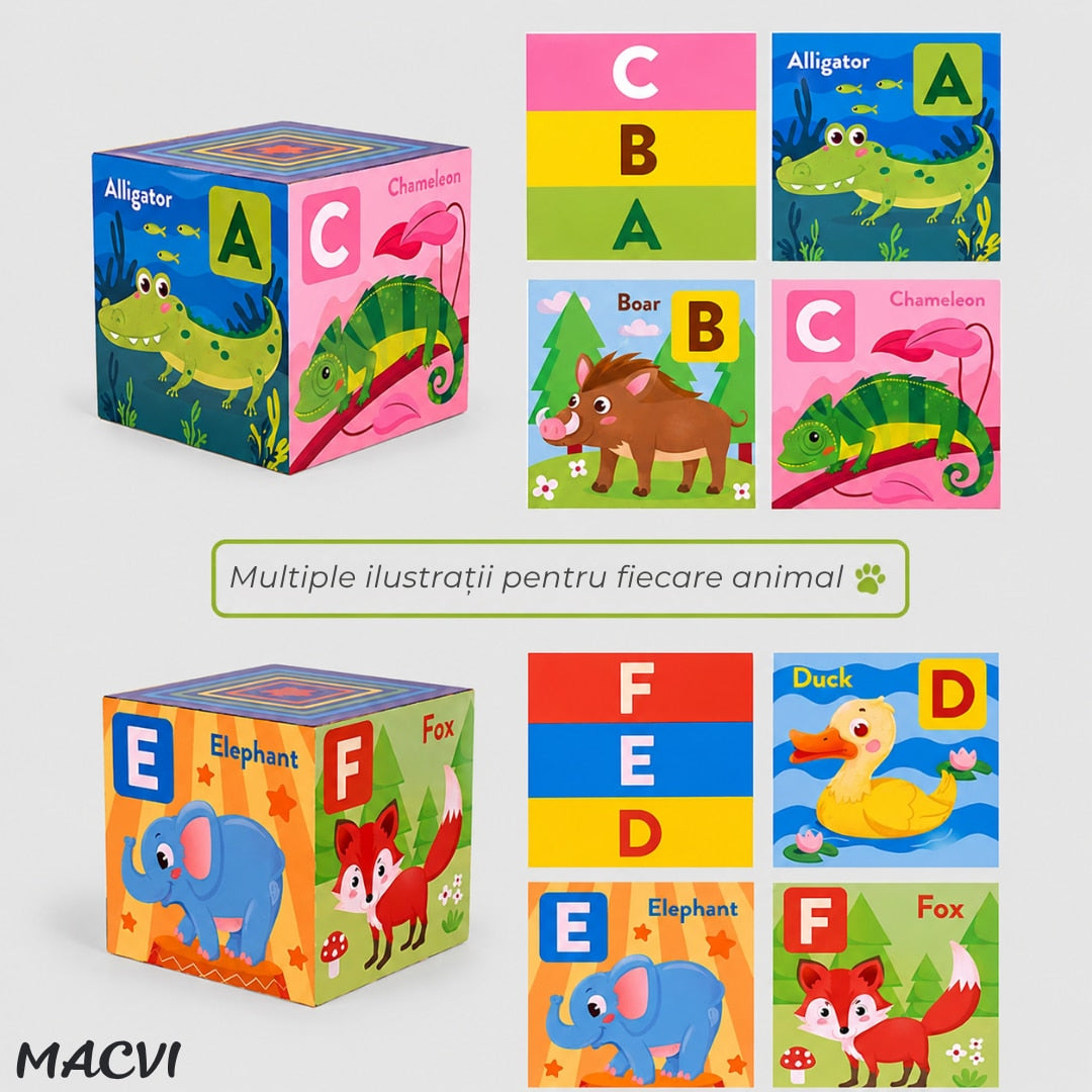 Turn Montessori cu 10 cuburi Macvi® joc educativ, creativ, invatarea alfabetului