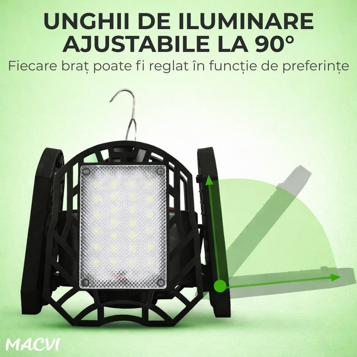 Lampa Solara de Exterior Macvi® XF-702, 104 LED SMD, 5 Moduri Iluminare, Reglabila cu 4 Clape, Alimentare Solara/USB, Telecomanda Inclusa