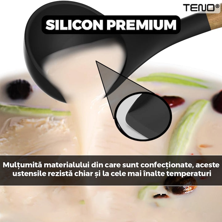 Set Ustensile Bucatarie 12 Piese Silicon Alimentar Teno®, termorezistente, antiaderente, sigure, suport inclus, negru