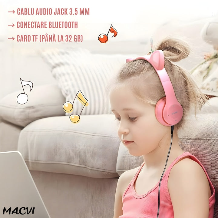 Casti stereo wireless Macvi® P47, urechi pisica, Bluetooth 5.0, radio FM, reducere zgomot, pliabile, slot card, roz