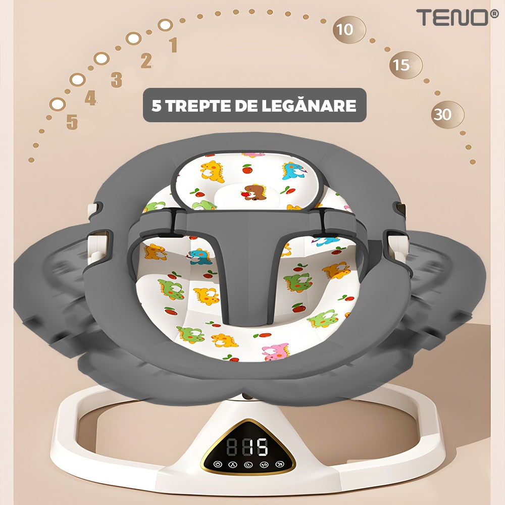 Leagan Electric Teno®, conectivitate Bluetooth, control tactil, tava detasabila, acoperis rabatabil, plasa protectie tantari pentru bebelusi, jucarii, muzica, gri inchis