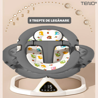Leagan Electric Teno®, conectivitate Bluetooth, control tactil, tava detasabila, acoperis rabatabil, plasa protectie tantari pentru bebelusi, jucarii, muzica, gri inchis