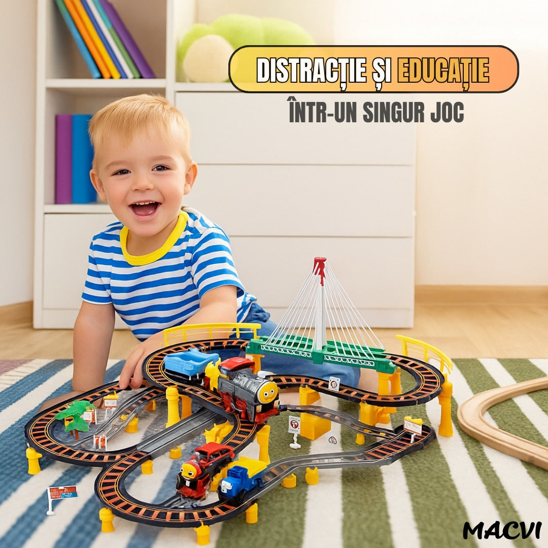 Circuit 2 in 1 XXL Macvi® 140 Piese, 86x74 cm, cu Trenulet Electric si Masinuta, Pod cu Lumini, Pista Rapid Transit de Mare Viteza, Multicolor