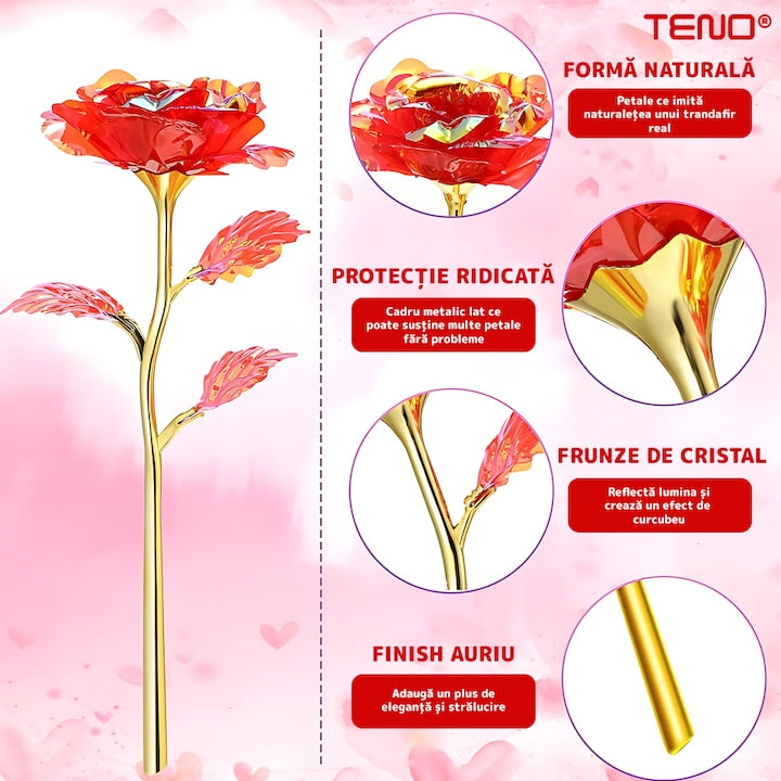 Trandafir Artizanal Teno®, efect de cristal, aspect auriu, luminite LED cu baterii, rezistent, nemuritor, design realist, 22 x 13 cm, rosu