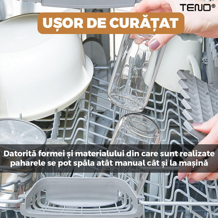 Set 4 Pahare de Sticla cu Capac si Pai Teno®, sticla borosilicata, capac din bambus, design modern, termorezistente, capacitate 500 ml, 15 cm