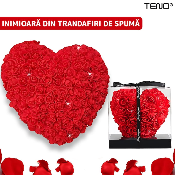 Inimioara din Trandafiri de Spuma Teno®, floral rosu, handmade, cutie transparenta, eleganta si naturala, nemuritoare, 15 cm