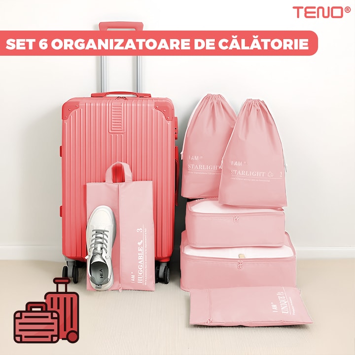 Set 6 Organizatoare Teno®, pentru calatorie, diferite marimi, bagaj de voiaj, valiza, troler, genti, haine, accesorii, inchidere cu fermoar dublu, plasa, roz
