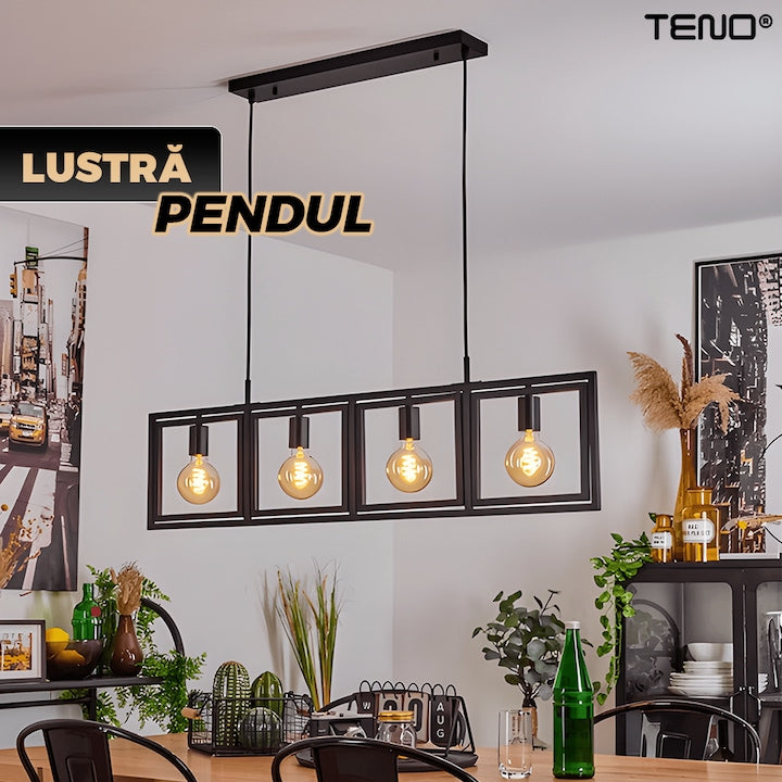 Lustra Teno, 4 cadrane, negru, lumina alb cald, design modern-industrial