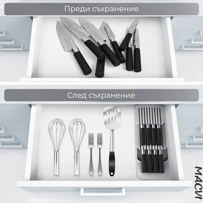 Suport sertar pentru cutite Macvi® organizator compact depozitare sigura material durabil design ergonomic stabilitate sporita economie de spatiu
