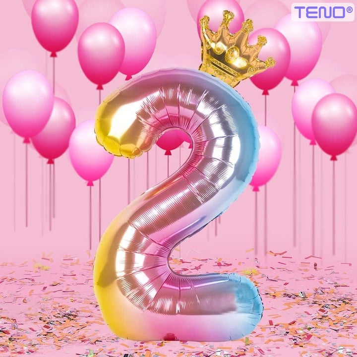 Set 14 Baloane CIfra 2 Teno®, coroana, balon pastelat, pentru Petreceri/Aniversari/Evenimente, mai multe dimensiuni, latex, multicolor