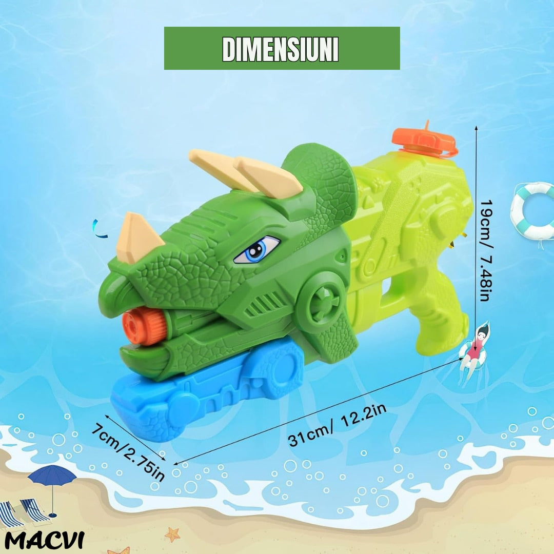 Pistol cu apa Macvi® dinozaur, rezervor 1330 ml, 35 cm, 3 duze, raza actiune 8 m, PVC rezistent, durabil, +6 ani, verde moss