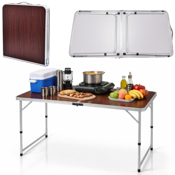 Masa pliabila camping Macvi® Meteor, aluminiu usor, blat MDF 120x60 cm, reglabila pe inaltime, portabila tip valiza