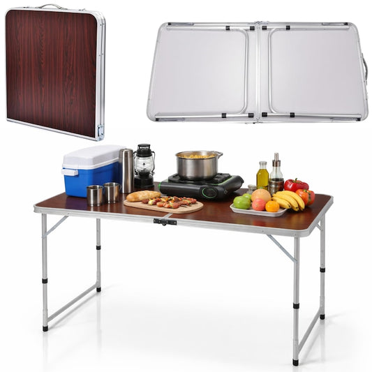 Masa pliabila camping Macvi® Meteor, aluminiu usor, blat MDF 120x60 cm, reglabila pe inaltime, portabila tip valiza
