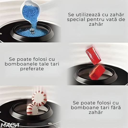 Aparat profesional de facut vata de zahar Macvi® 500W cu 210 bete incluse pentru uz casnic