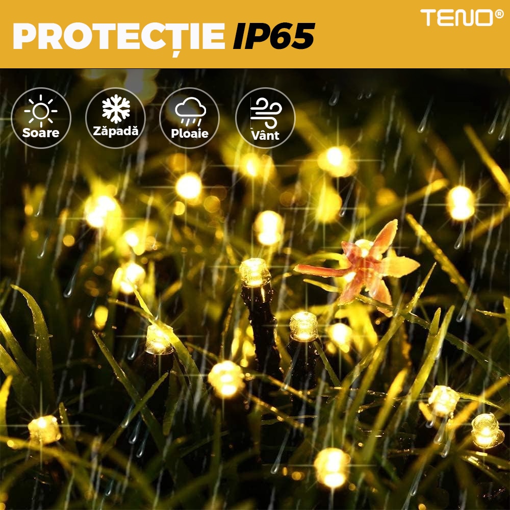 Instalatie de Craciun Liniara cu Panou Solar Teno®, 10 m, 8 jocuri de lumini, alimentare la priza, fir verde, interior/exterior, rezistenta la apa, 100 LED-uri, alb cald