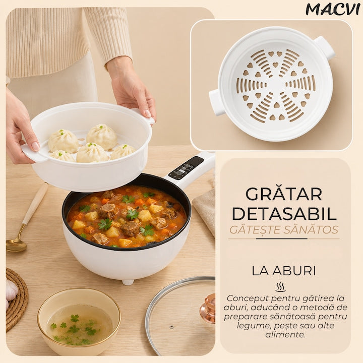 Tigaie Electrica Inteligenta Macvi® 3L, 1000W, Panou Digital Tactil, Diametru 24 cm, Strat Ceramic Antiaderent, 4 Functii de Gatire, Alb