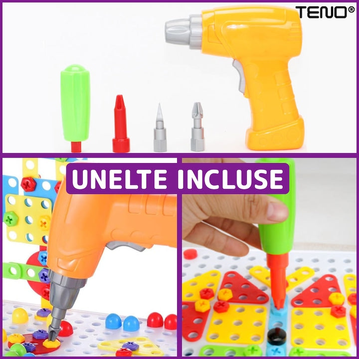Jucarie Educativa si Interactiva 4in1 Teno®, 198 piese, bormasina pentru inginerie, pentru fete si baieti, manual inclus, puzzle 3D/2D, dezvoltare STEM, montessori, multicolor