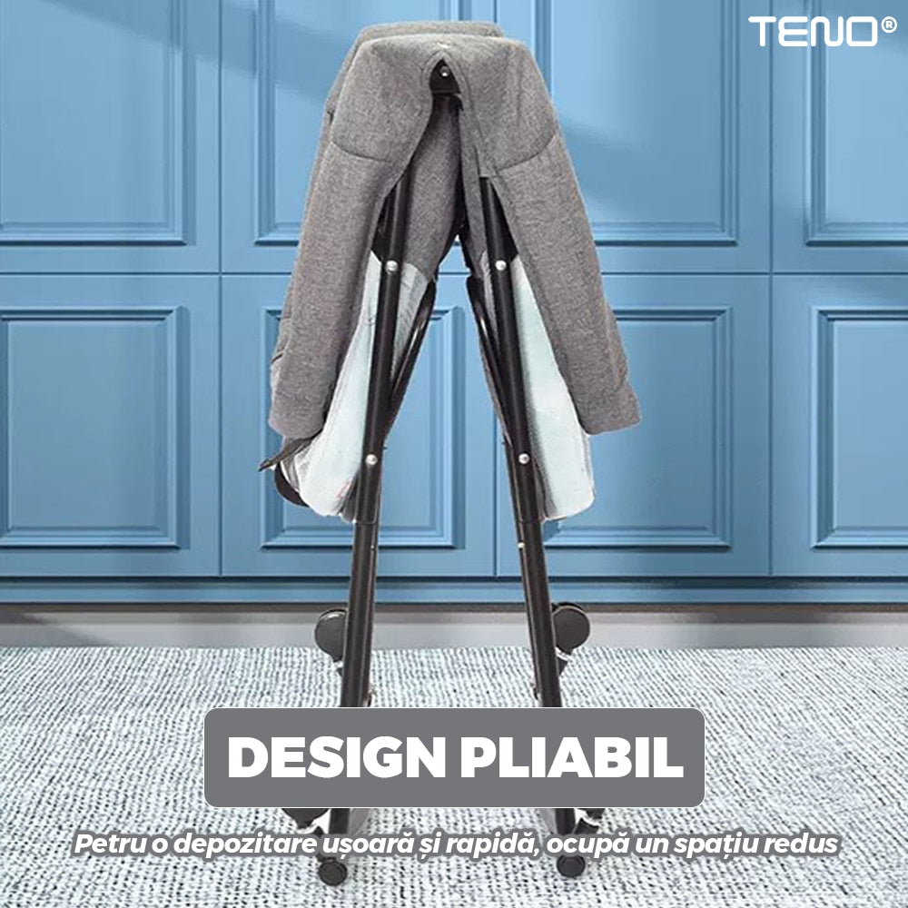 Patut Pliabil pentru Bebelusi Teno®, sistem de blocare, plasa anti-insecte, pliabil, roti retractabile, rezistent, comod, usor de depozitat, gri