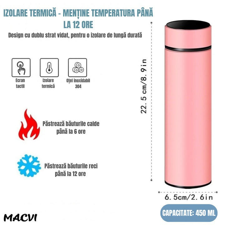 Termos smart Macvi® cu afisaj LED temperatura, 500 ml, otel inoxidabil premium, design inteligent, mentine bauturile calde pana la 6 ore, 22, 5 x 6, 5 cm