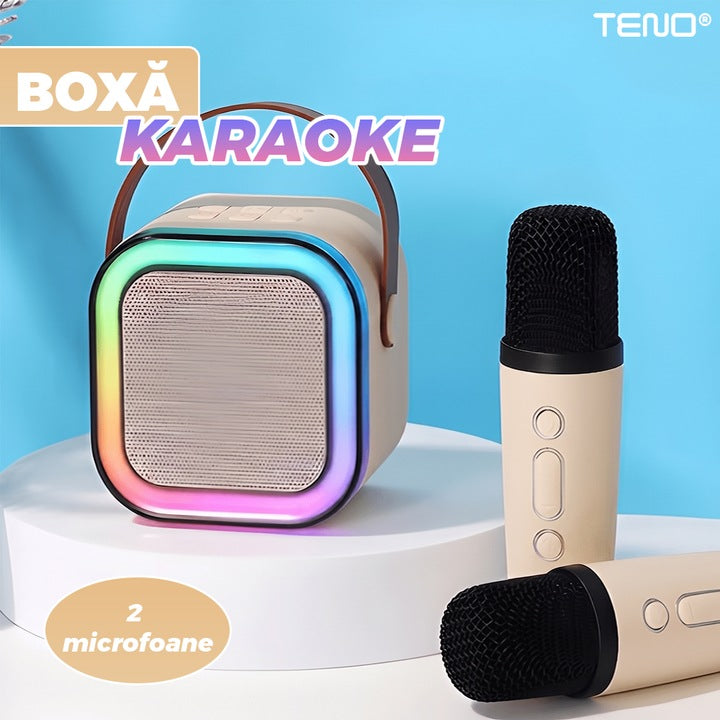 Boxa Portabila Teno®, karaoke, 2 microfoane, 4 porturi, wireless, RBG, Bej