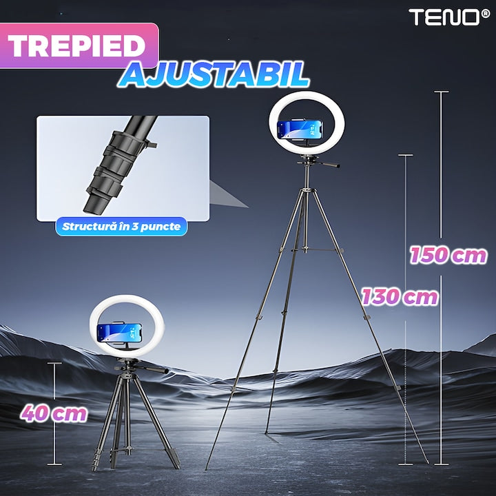 Lampa Circulara Ring Light Teno®, Diametru 30.5cm/12 Inch, moduri RGB, 10 trepte reglaj, trepied 210 cm, suport triplu telefon, compatibilitate universala, multicolor