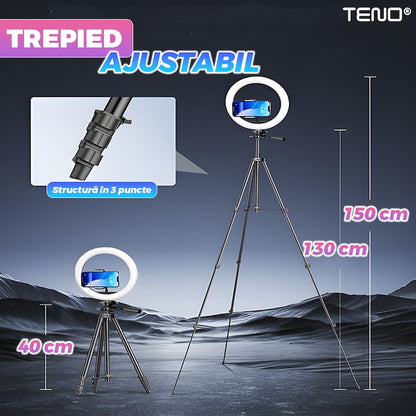 Lampa Circulara Ring Light Teno®, Diametru 30.5cm/12 Inch, moduri RGB, 10 trepte reglaj, trepied 210 cm, suport triplu telefon, compatibilitate universala, multicolor