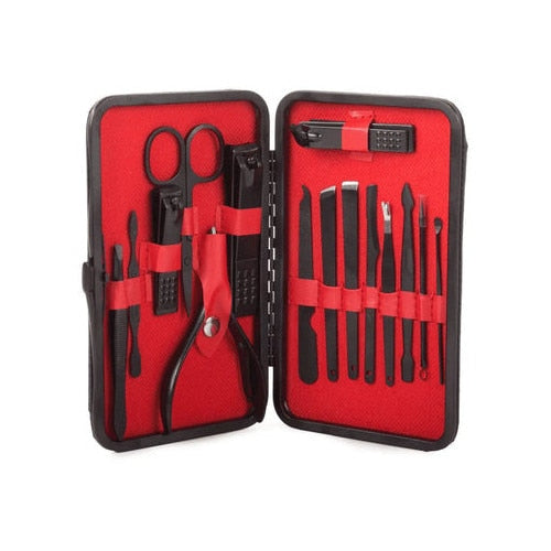 Set manichiura pedichiura Macvi® 15 piese din inox cu husa din piele ecologica si interior de velur sintetic rosu pentru ingrijirea completa a unghiilor