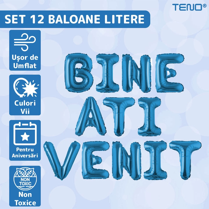 Set 12 Baloane Teno®, Litere, pentru Petreceri/Aniversari/Evenimente, o singura dimensiune, o culoare, metalizate, folie, model BINE ATI VENIT albastru, 45 cm