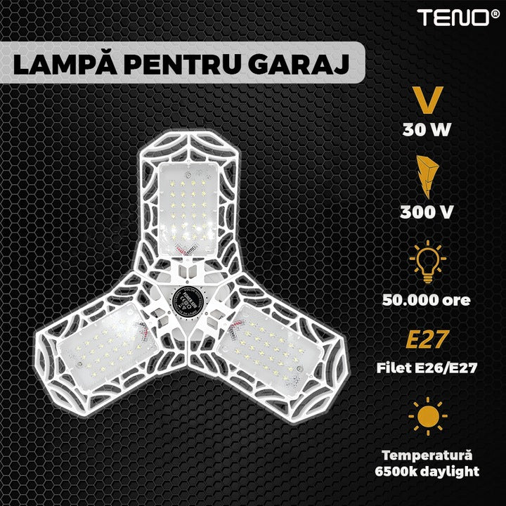 Lampa LED cu 3 Brate Mobile Teno®, 3 aripi pliabile, 36 LED-uri, flux luminos 3000LM, lumina alba rece 6000-6500K, bec iluminare pentru interior garaj/depozit/atelier, alb