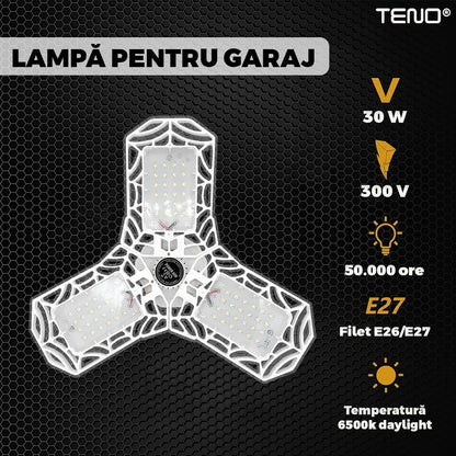 Lampa LED cu 3 Brate Mobile Teno®, 3 aripi pliabile, 36 LED-uri, flux luminos 3000LM, lumina alba rece 6000-6500K, bec iluminare pentru interior garaj/depozit/atelier, alb