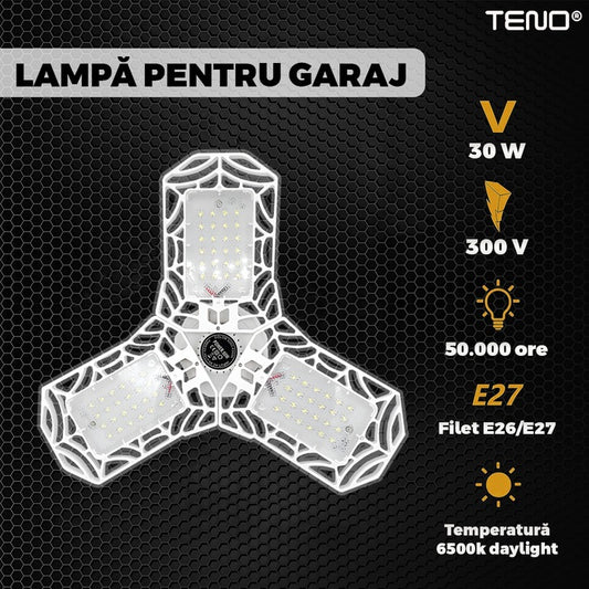 Lampa LED cu 3 Brate Mobile Teno®, 3 aripi pliabile, 36 LED-uri, flux luminos 3000LM, lumina alba rece 6000-6500K, bec iluminare pentru interior garaj/depozit/atelier, alb