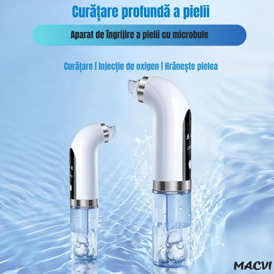 Aparat Curatare Fata Macvi® Profesional, Vacuum Puncte Negre, Tehnologie Micro-Bule si Sterilizare cu Apa, 5 Capete, Portabil, Alb