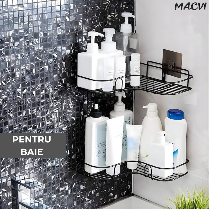 Suport de dus triunghiular Macvi®, montaj pe perete, organizator baie si bucatarie, instalare usoara, depozitare practica
