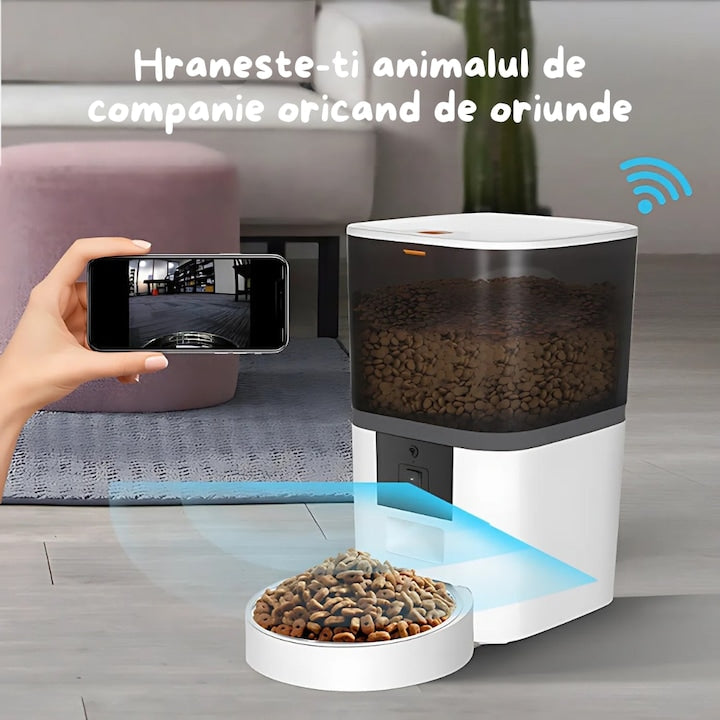 Dozator Automat Hrana Animale Macvi® 6L cu Camera HD 1080P, Audio Bidirectional, Control din Telefon, WiFi 5G, Vas Inox, Programare Mese pentru Caini si Pisici