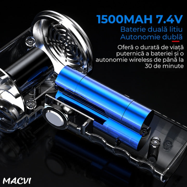 Aspirator Auto Portabil Macvi® 2 in 1, Aspirare si Suflare, Putere Aspiratie 5500 Pa, Motor 62.000 RPM, Baterie Duala 1500 mAh 7.4V, Filtru HEPA Lavabil, Incarcare USB, Accesorii Incluse, Negru