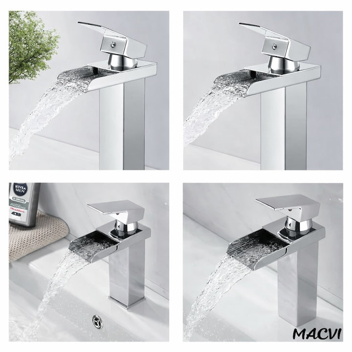 Baterie lavoar baie Macvi® tip cascada cromata din bronz inaltime 160 mm pipa 135 mm monocomanda, argintiu