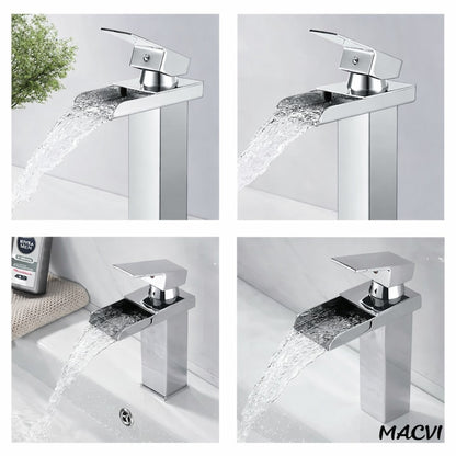 Baterie lavoar baie Macvi® tip cascada cromata din bronz inaltime 160 mm pipa 135 mm monocomanda, argintiu