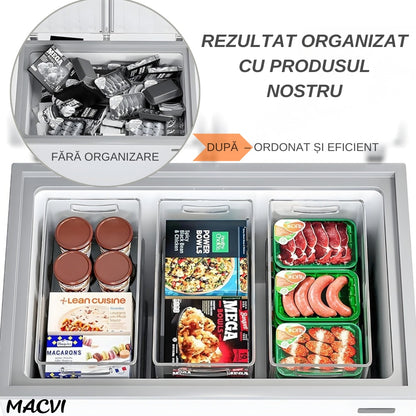 Set 12 organizatoare Macvi® pentru frigider, ABS durabil, fara BPA, stocabile, cu manere integrate, 26×15 cm, transparente