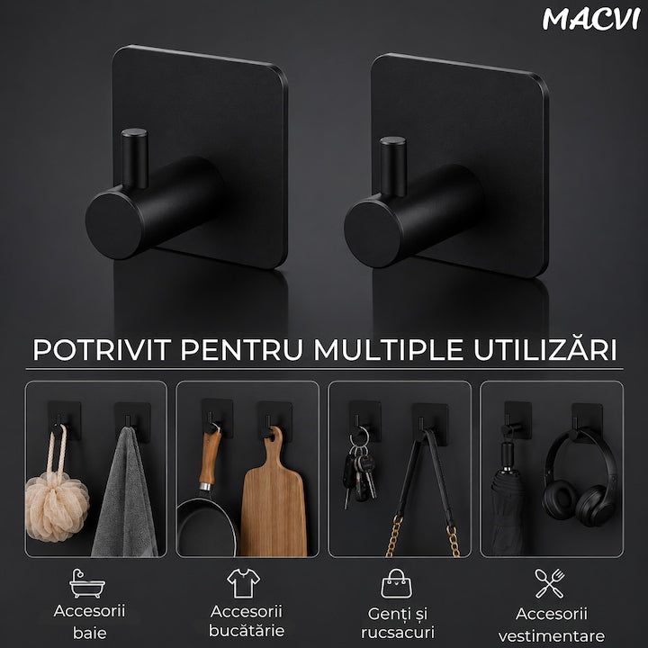 Set 4 cuiere de perete Macvi® din otel inoxidabil, montaj fara gaurire, negre, rezistente la umiditate, pentru baie si hol