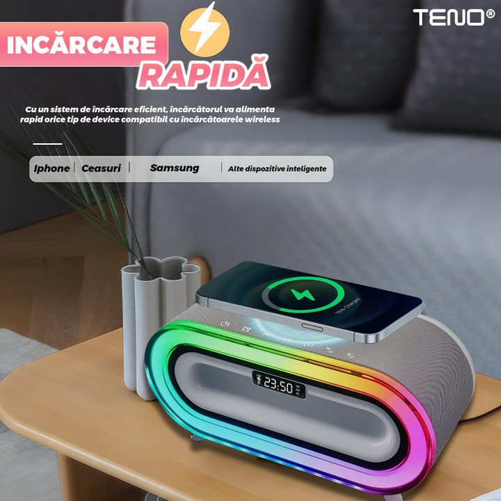 Boxa Multifunctionala 3 in 1 Teno®, lampa LED RGB, incarcator de gadgeturi wireless, functie de radio, 4 porturi integrate, design modern, alb
