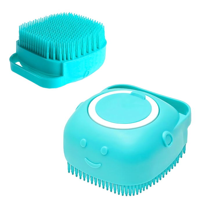 Perie din Silicon cu Dozator Teno®, universala, pentru oameni/animale, curatenia casei si a masinii, capacitate de sapun/sampon ridicata, silicon sigur, peri moi, multifunctionala, reutilizabila, turcoaz