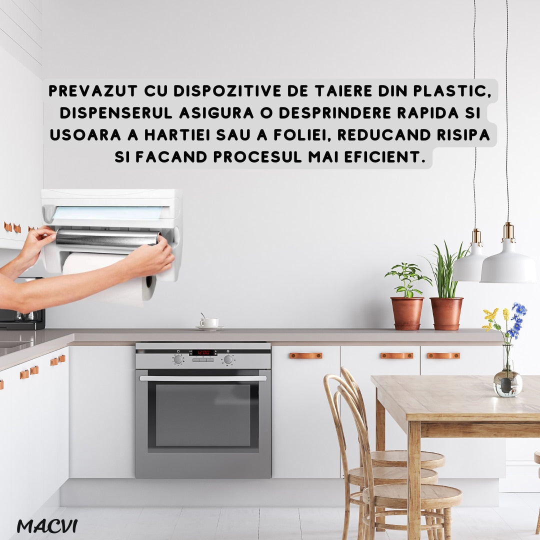 Dispenser Triplu de Bucatarie Macvi® pentru Hartie, Folie Strech si Folie Aluminiu