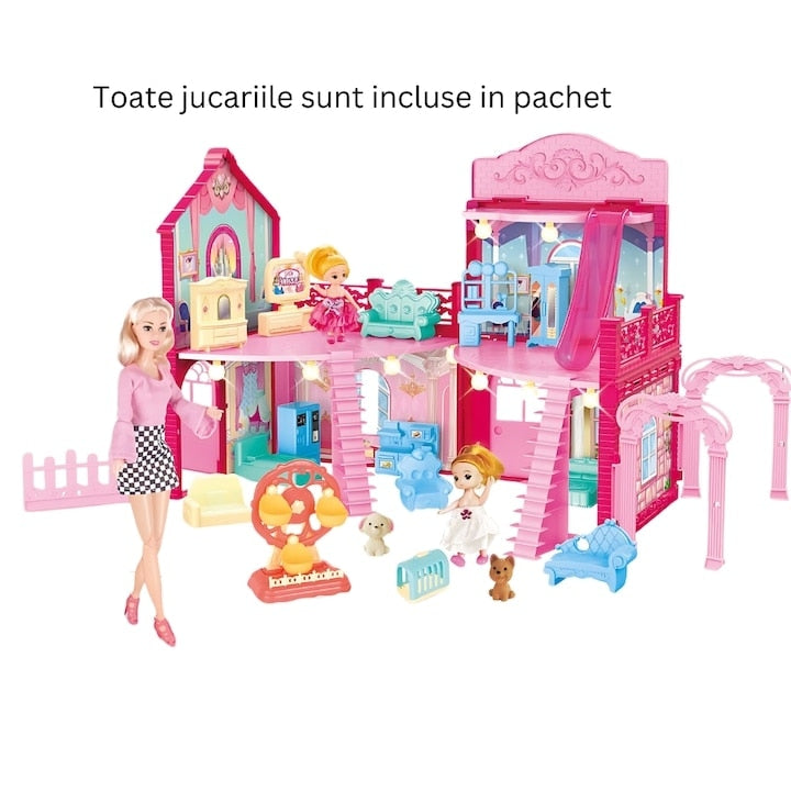 Casuta pentru Papusi Macvi® cu Mobilier si Accesorii Roz Joc Educativ Copii 3 Ani+